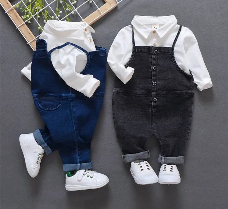 Baby autumn set 1 a 3 year old baby boom fall clothes Denim Bib two piece set of infants and young children.