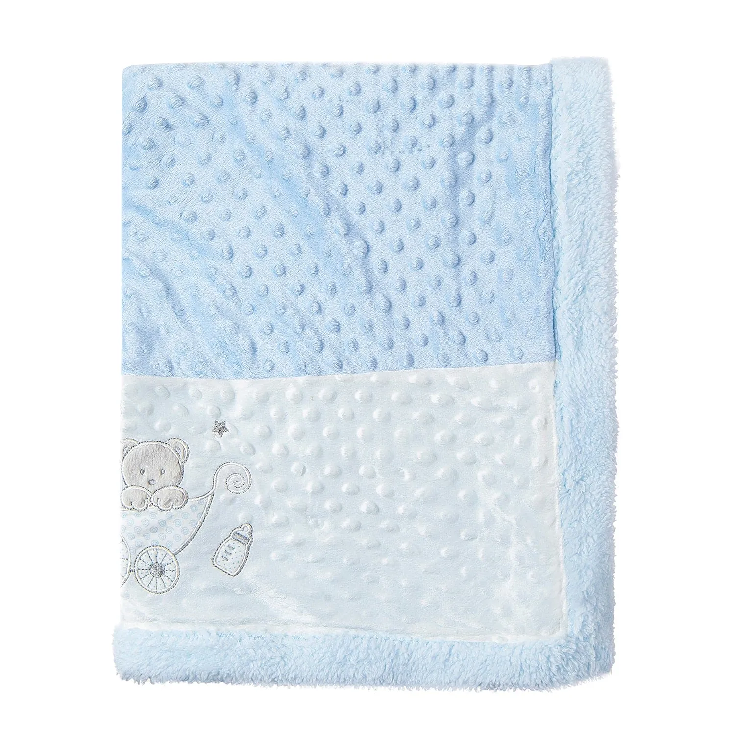 Baby Bear In Pram Soft Reversible Bubble Fur Blanket Blue