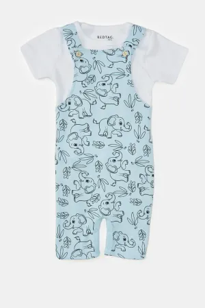 Baby Blue And White Printed T-Shirt And Dungaree Set (2 Piece)