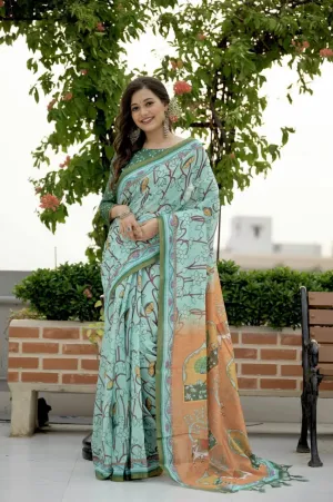 Baby Blue Pichwai Linen Cotton  Saree