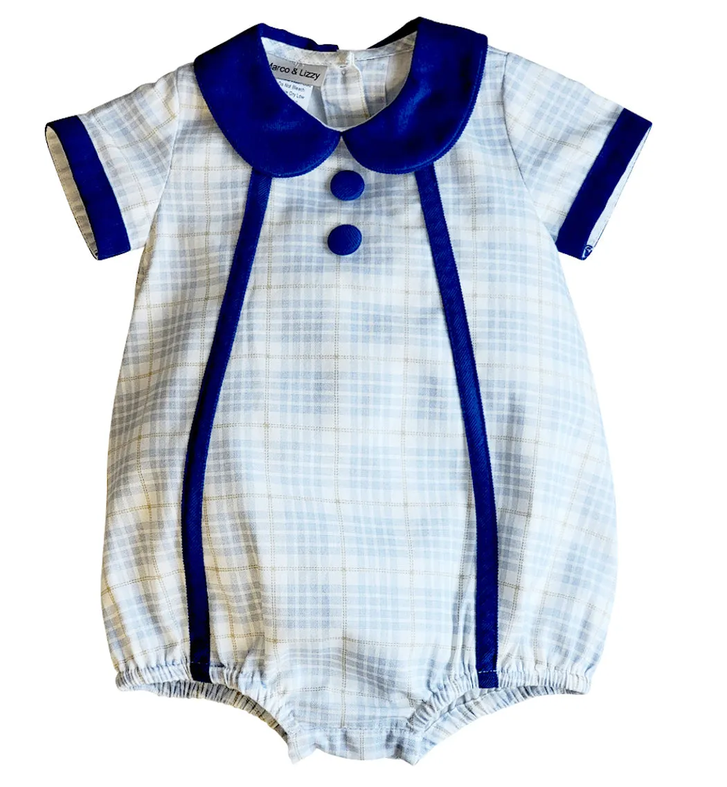 Baby Boy's "Mia & Jules" Fall Blue Plaid with corduroy Romper