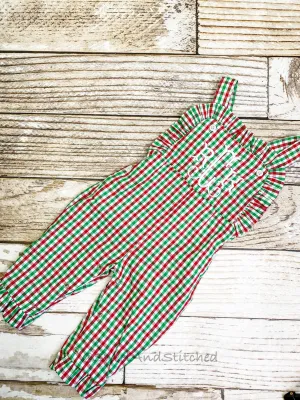 Baby girl monogrammed Christmas outfit in red, green and white gingham, Ruffle Christmas overalls, girls Christmas outfit, Christmas plaid