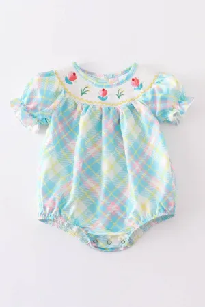 Baby Girls Blue Plaid Embroidered Smocked Romper