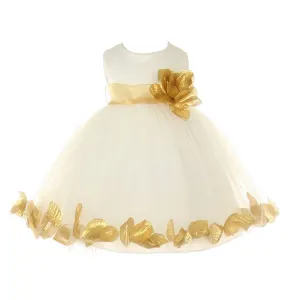 Baby Girls Ivory Gold Petal Adorned Satin Tulle Flower Girl Dress 6-24M