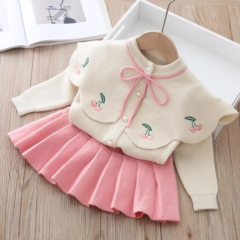 Baby Girls Knitted Fruit Embroidered Design Cardigan And Pleated Skirt Set