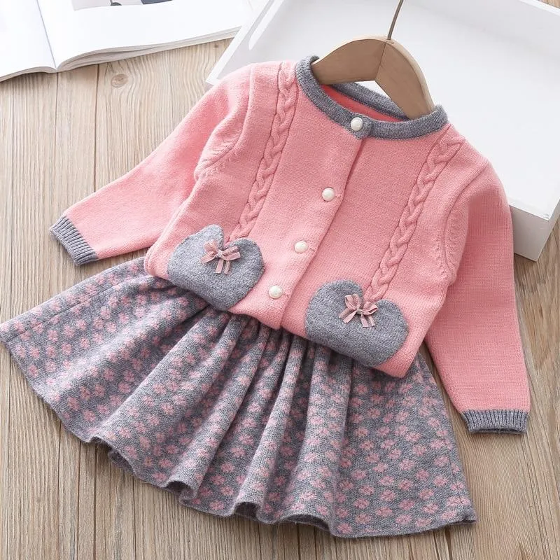 Baby Girls Knitted Fruit Embroidered Design Cardigan And Pleated Skirt Set