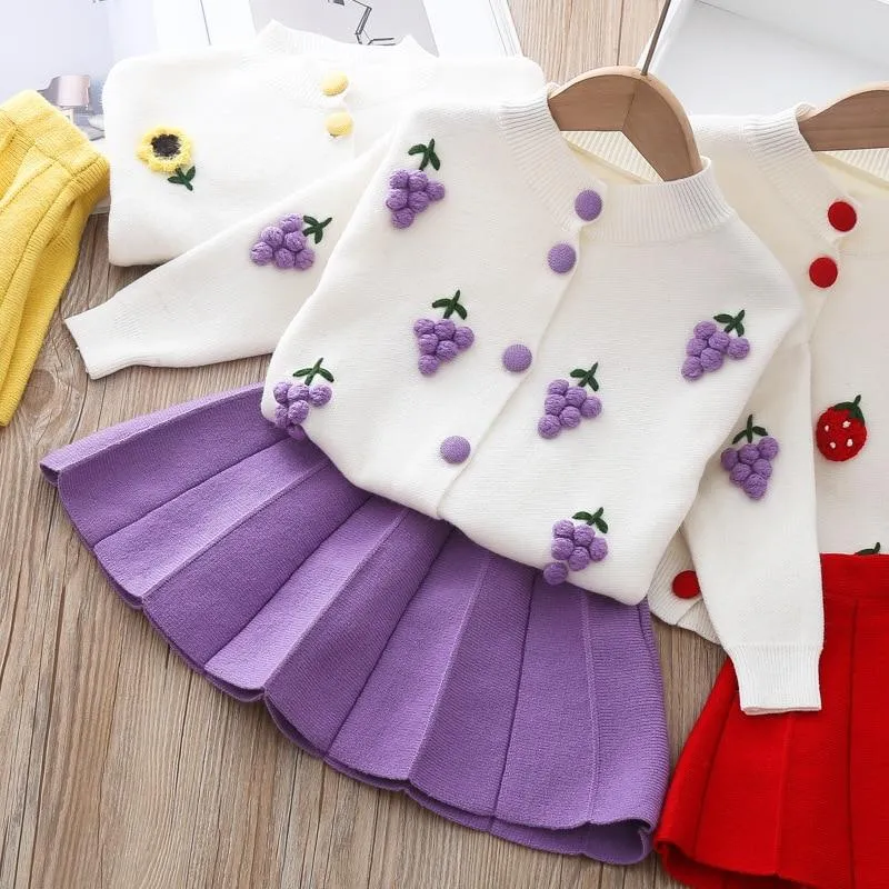 Baby Girls Knitted Fruit Embroidered Design Cardigan And Pleated Skirt Set