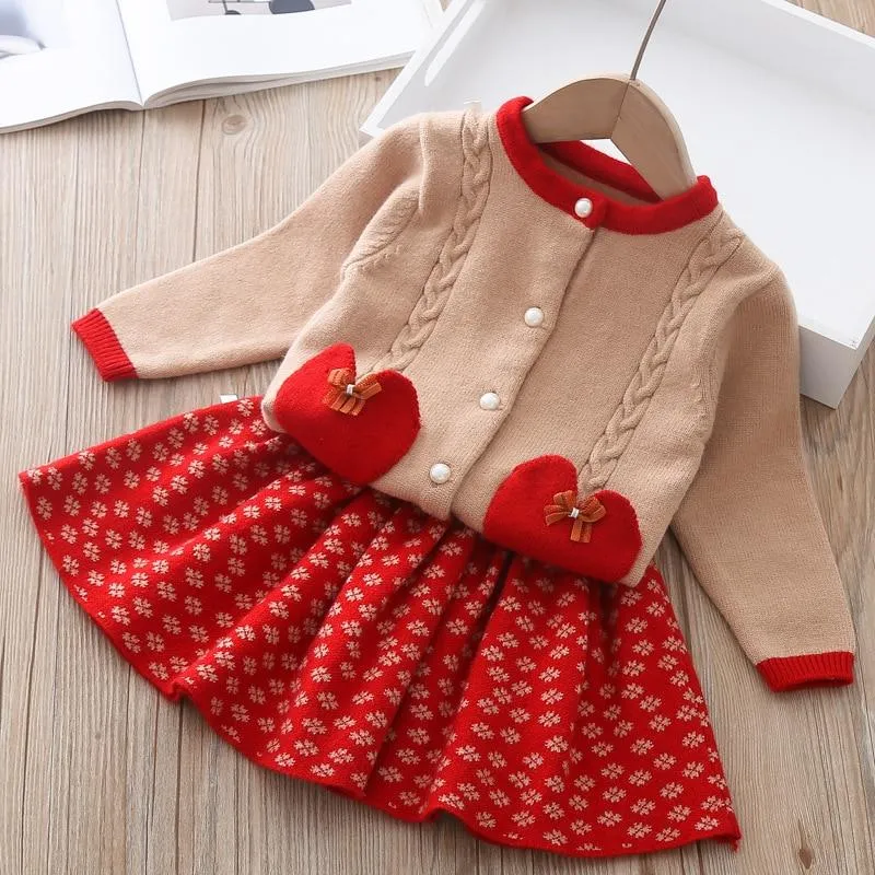 Baby Girls Knitted Fruit Embroidered Design Cardigan And Pleated Skirt Set