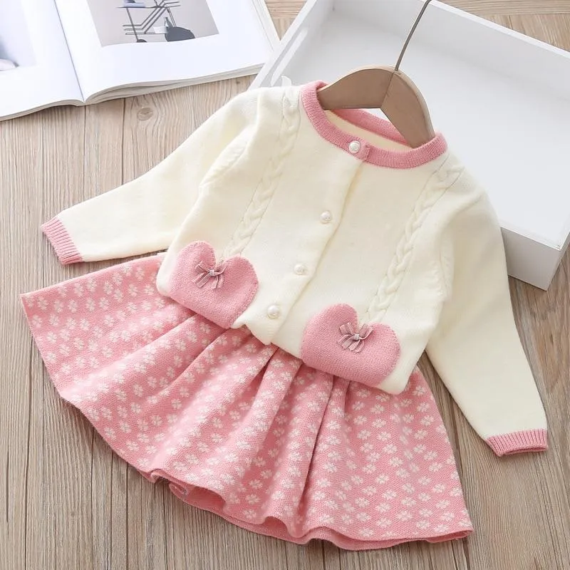 Baby Girls Knitted Fruit Embroidered Design Cardigan And Pleated Skirt Set