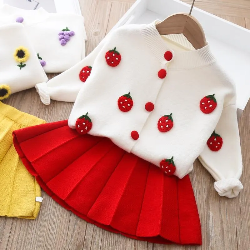 Baby Girls Knitted Fruit Embroidered Design Cardigan And Pleated Skirt Set