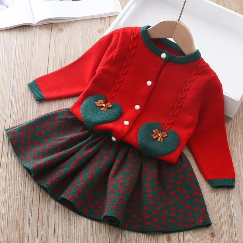 Baby Girls Knitted Fruit Embroidered Design Cardigan And Pleated Skirt Set