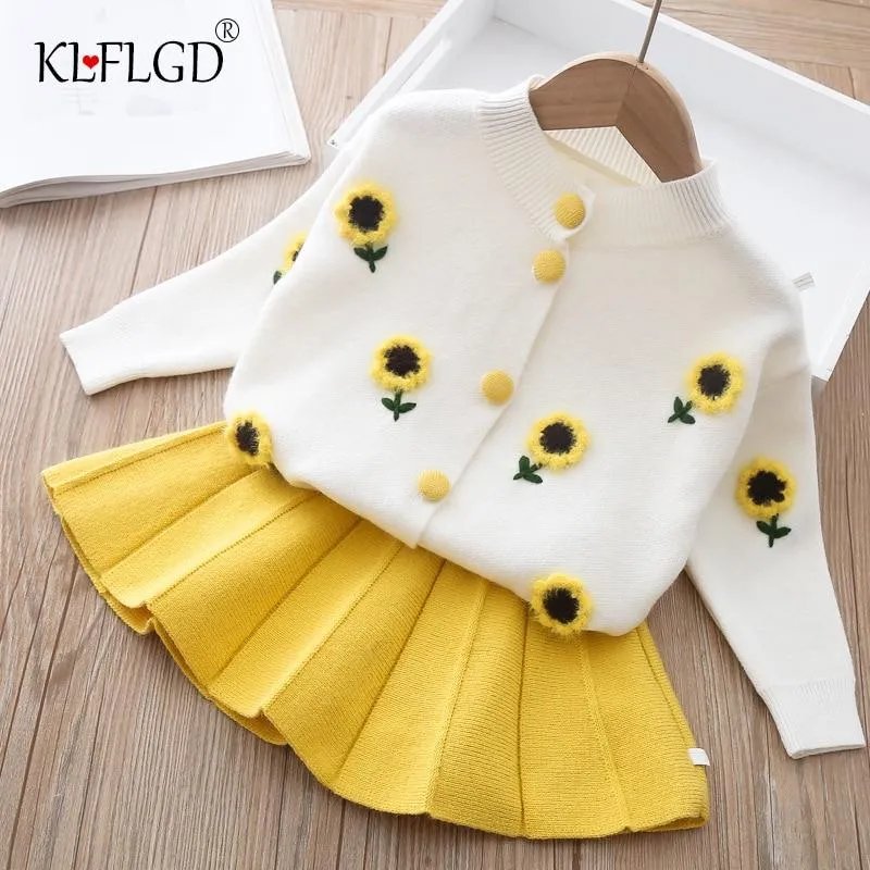 Baby Girls Knitted Fruit Embroidered Design Cardigan And Pleated Skirt Set