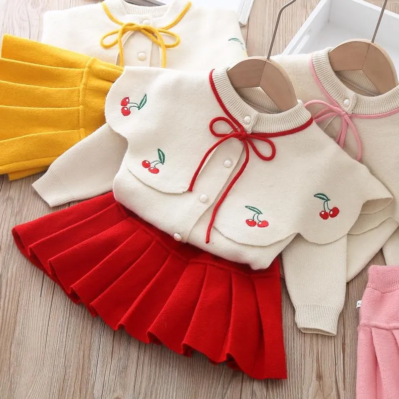 Baby Girls Knitted Fruit Embroidered Design Cardigan And Pleated Skirt Set