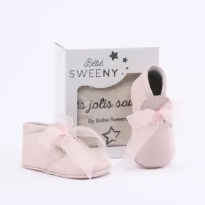 Baby Girls Pink Leather Pre-walker Shoes With Organza Ribbon