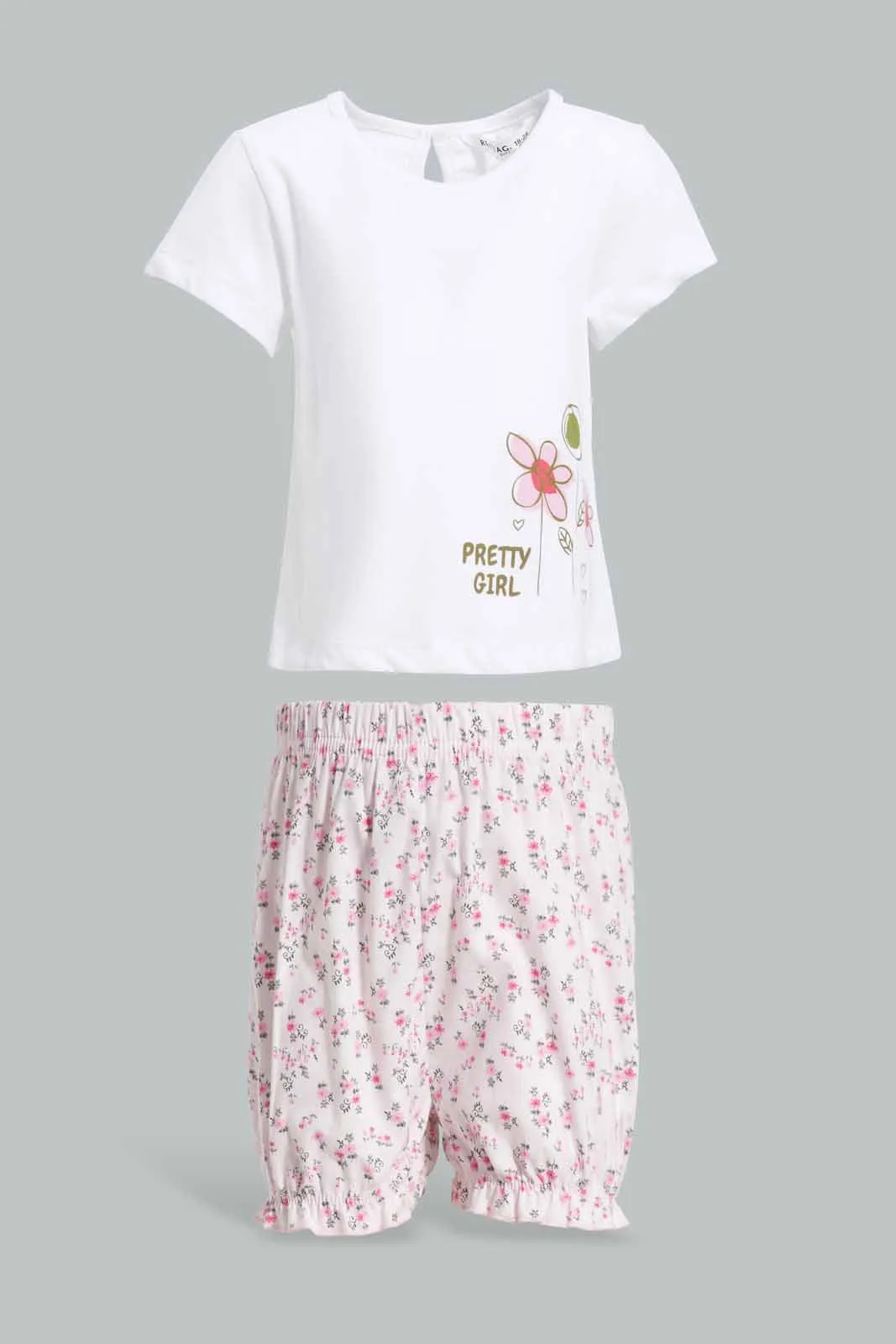 Baby Girls White And Pink  Floral Print Set (2 Piece)