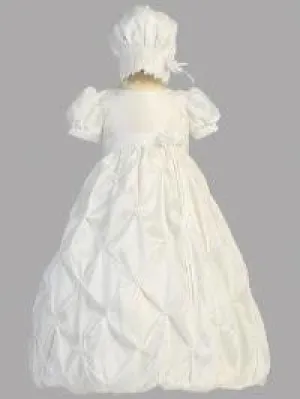 Baby Girls White Gathered Taffeta dress bonnet baptism set