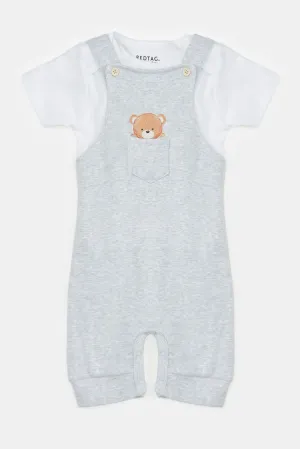 Baby Grey And White Printed T-Shirt And Dungaree Set (2 Piece)