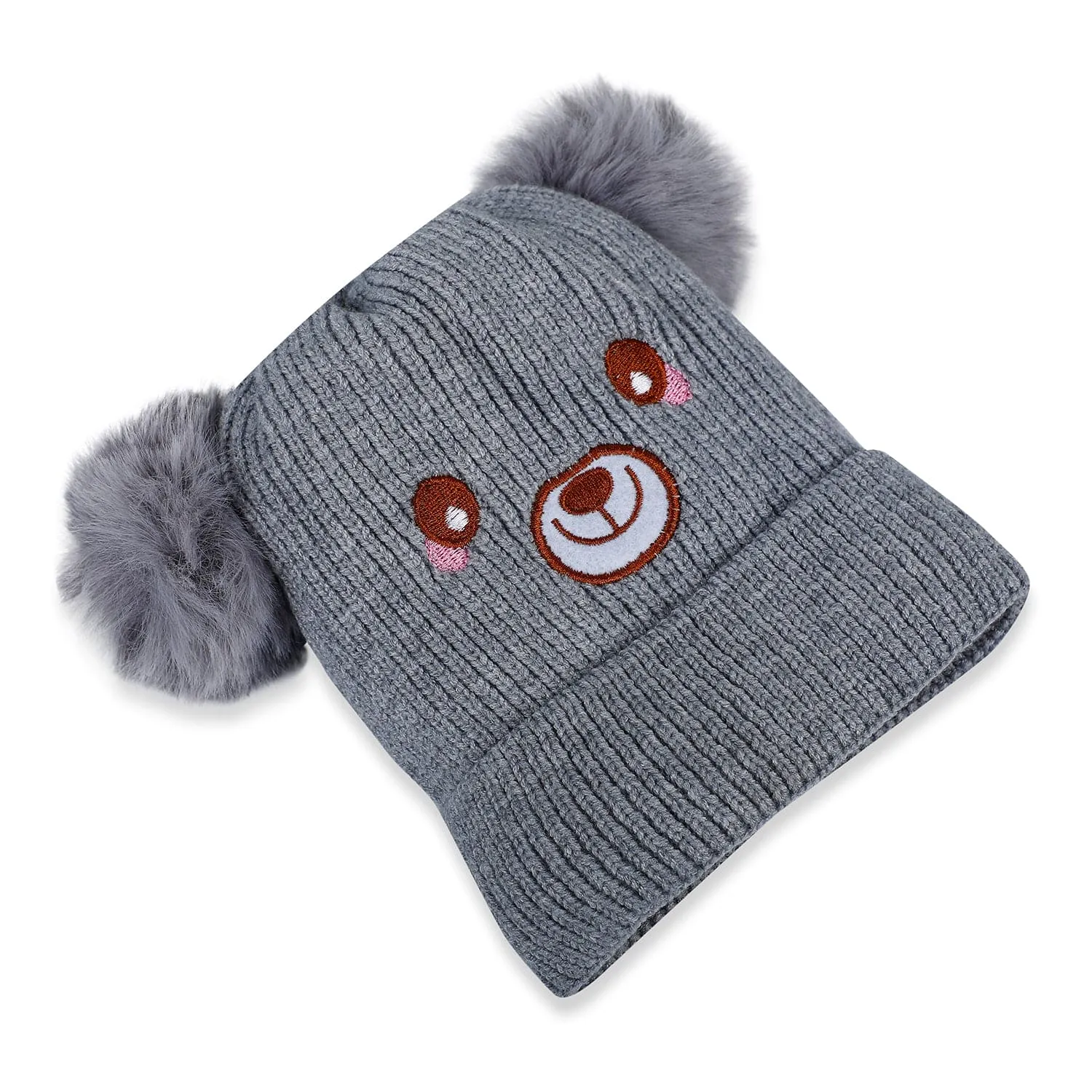 Baby Moo Bear Pom Pom Breathable Beanie Warm Knitted Woollen Cap - Grey