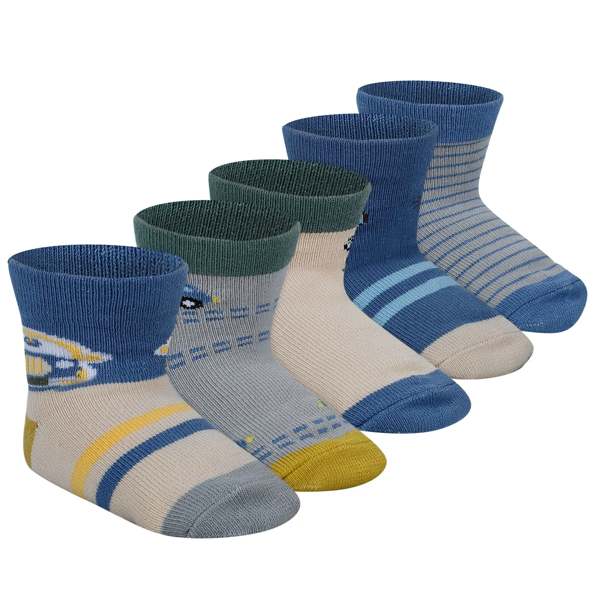 Baby Moo Car Printed Soft Socks Pack of 5 - Blue, Grey