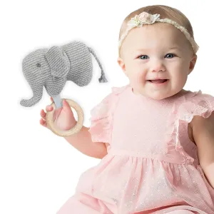 Baby Moo Elephant Wooden Teething Ring Soft Knitted Handheld Rattle - Grey