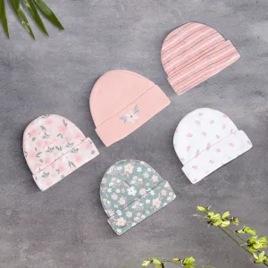 Baby Moo Floral Print Infants Ultra Soft 100% Cotton All Season Pack of 5 Caps - Pink