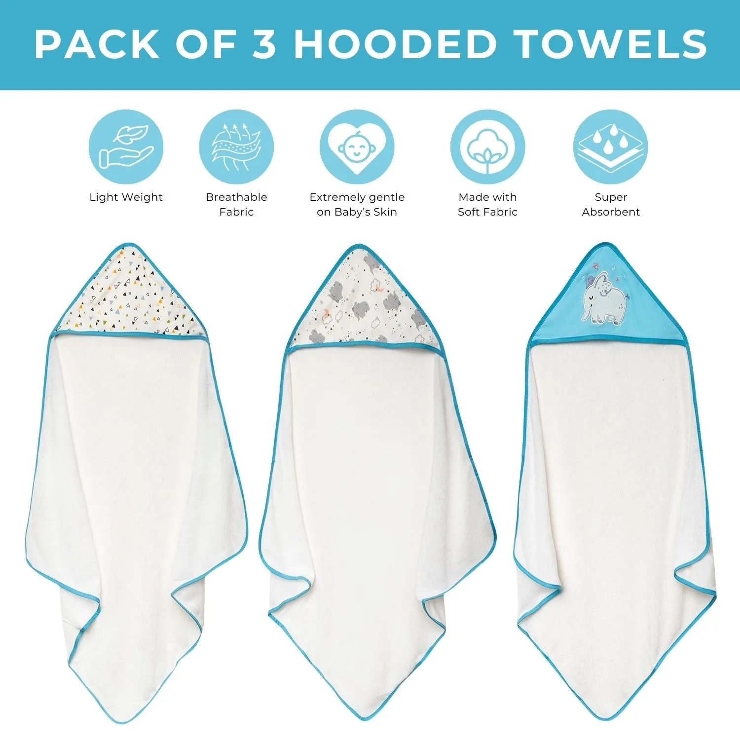 Baby Moo Flying Elephant And Triangle Supersoft Highly Absorbent Durable Hooded Towel Set - Blue