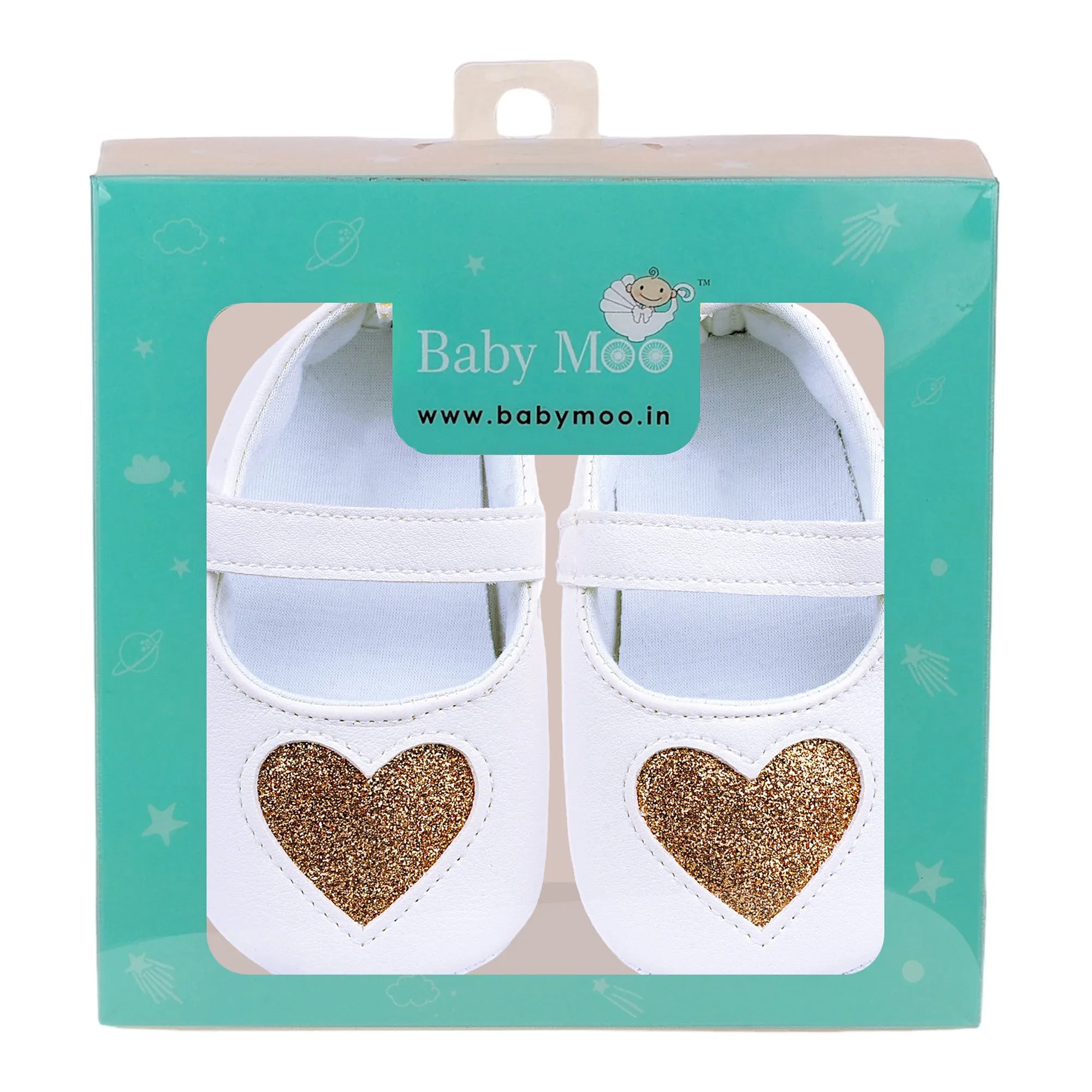 Baby Moo Glittery Heart Anti-Skid Velcro Strap Partywear Ballerina Booties - White, Gold