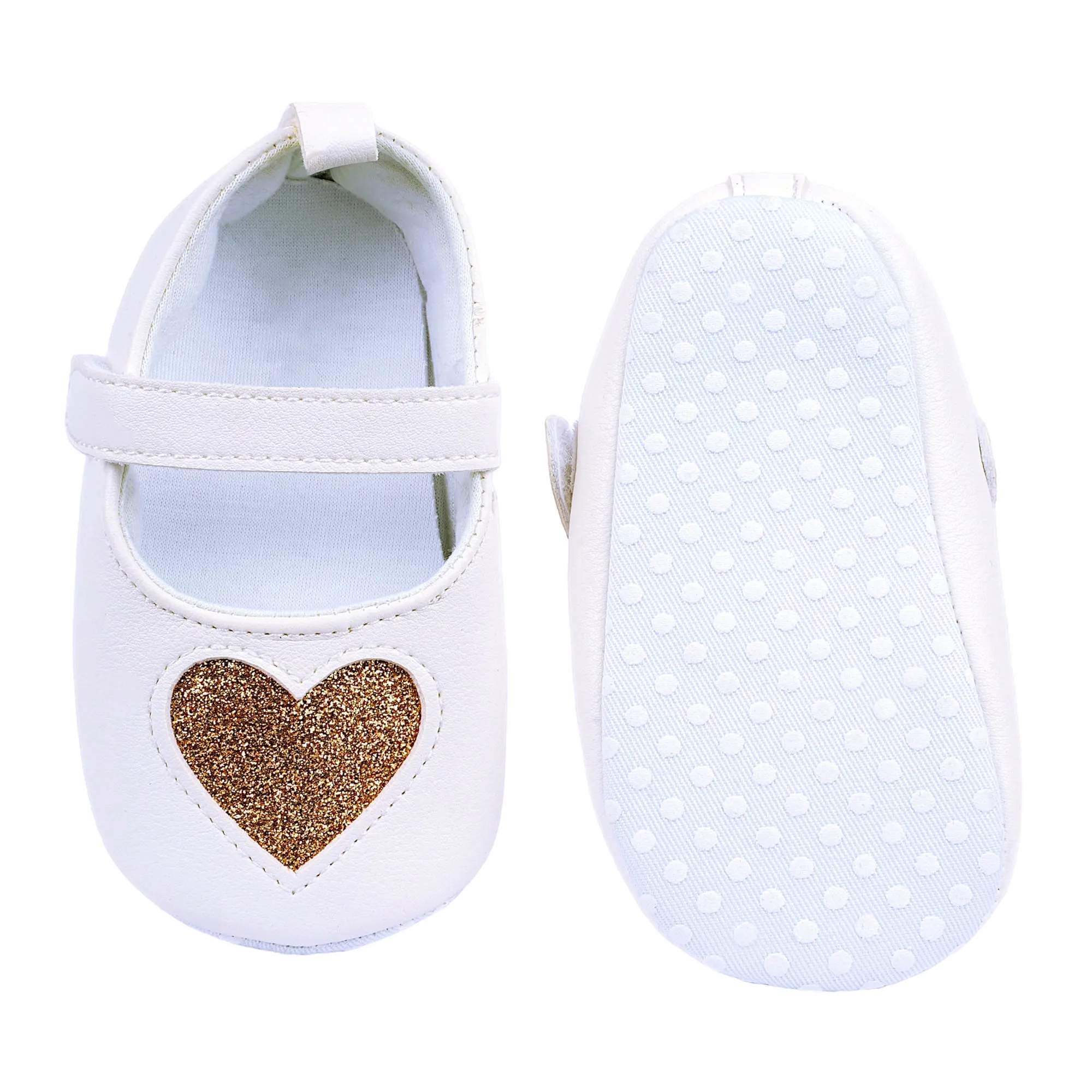 Baby Moo Glittery Heart Anti-Skid Velcro Strap Partywear Ballerina Booties - White, Gold