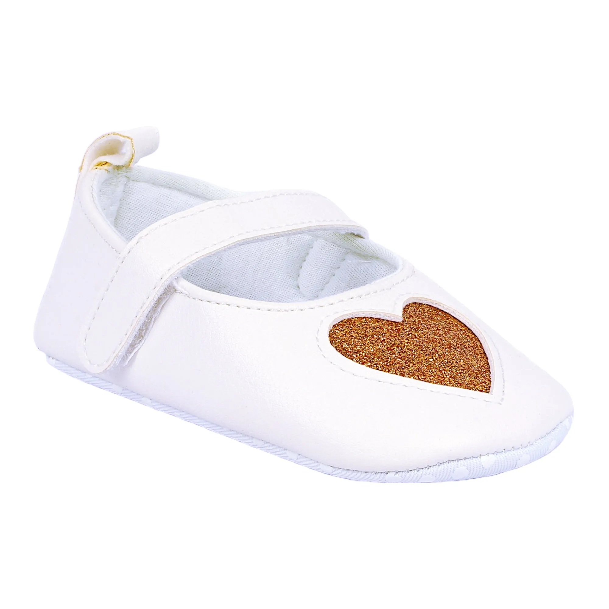 Baby Moo Glittery Heart Anti-Skid Velcro Strap Partywear Ballerina Booties - White, Gold