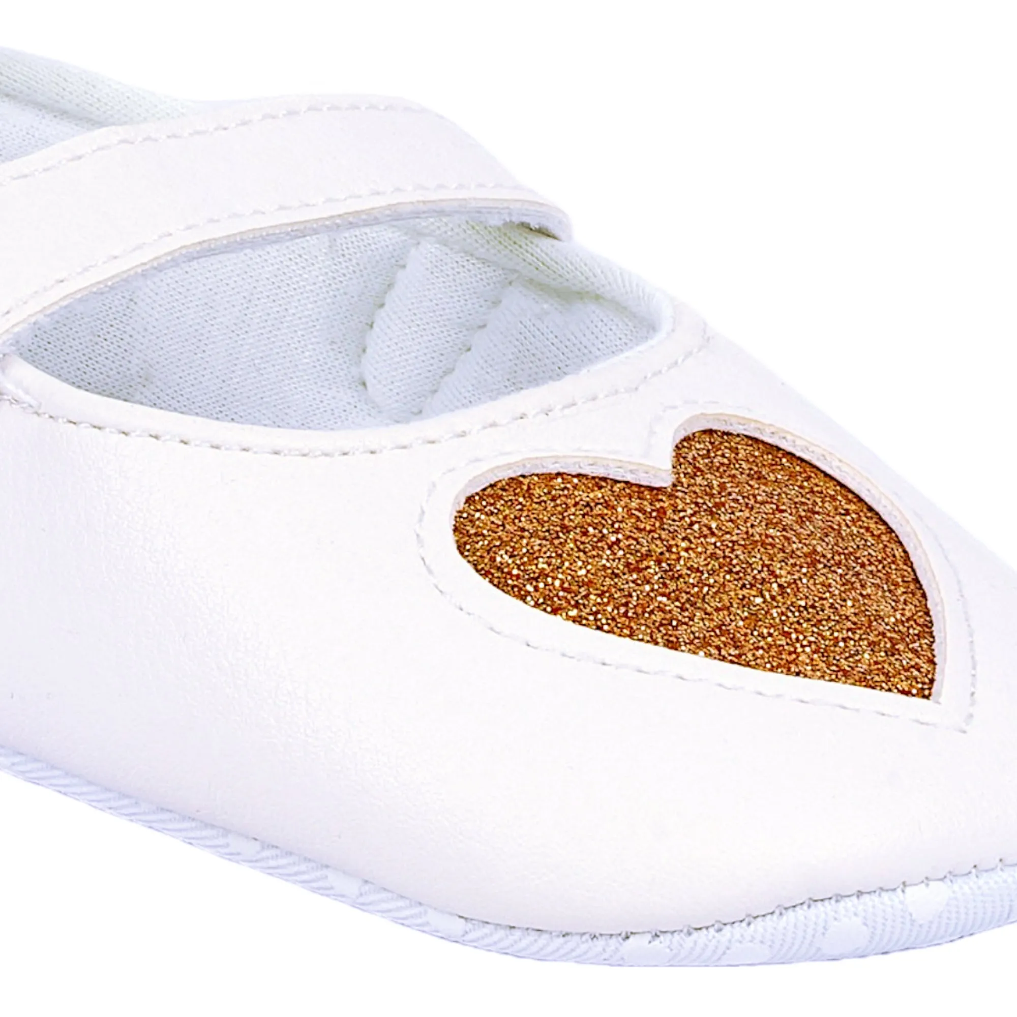 Baby Moo Glittery Heart Anti-Skid Velcro Strap Partywear Ballerina Booties - White, Gold