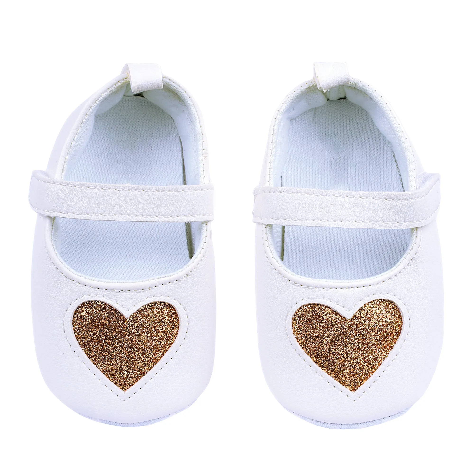 Baby Moo Glittery Heart Anti-Skid Velcro Strap Partywear Ballerina Booties - White, Gold