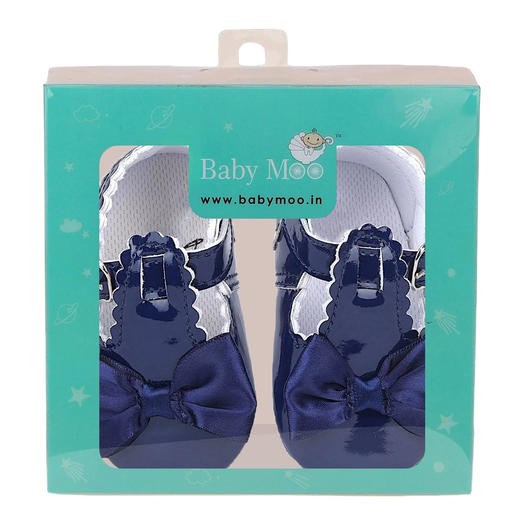 Baby Moo Mary Jane Bow Patent Leather Anti-Skid Ballerina Booties - Blue