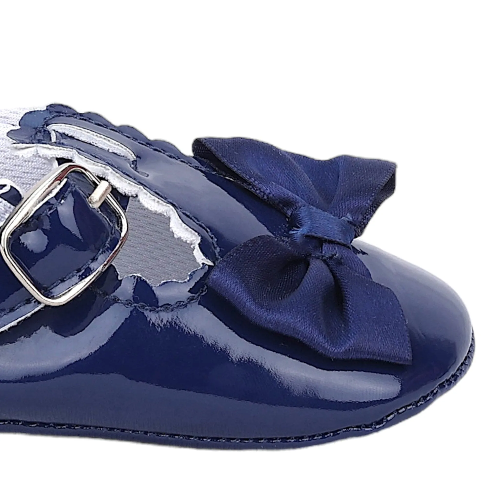 Baby Moo Mary Jane Bow Patent Leather Anti-Skid Ballerina Booties - Blue