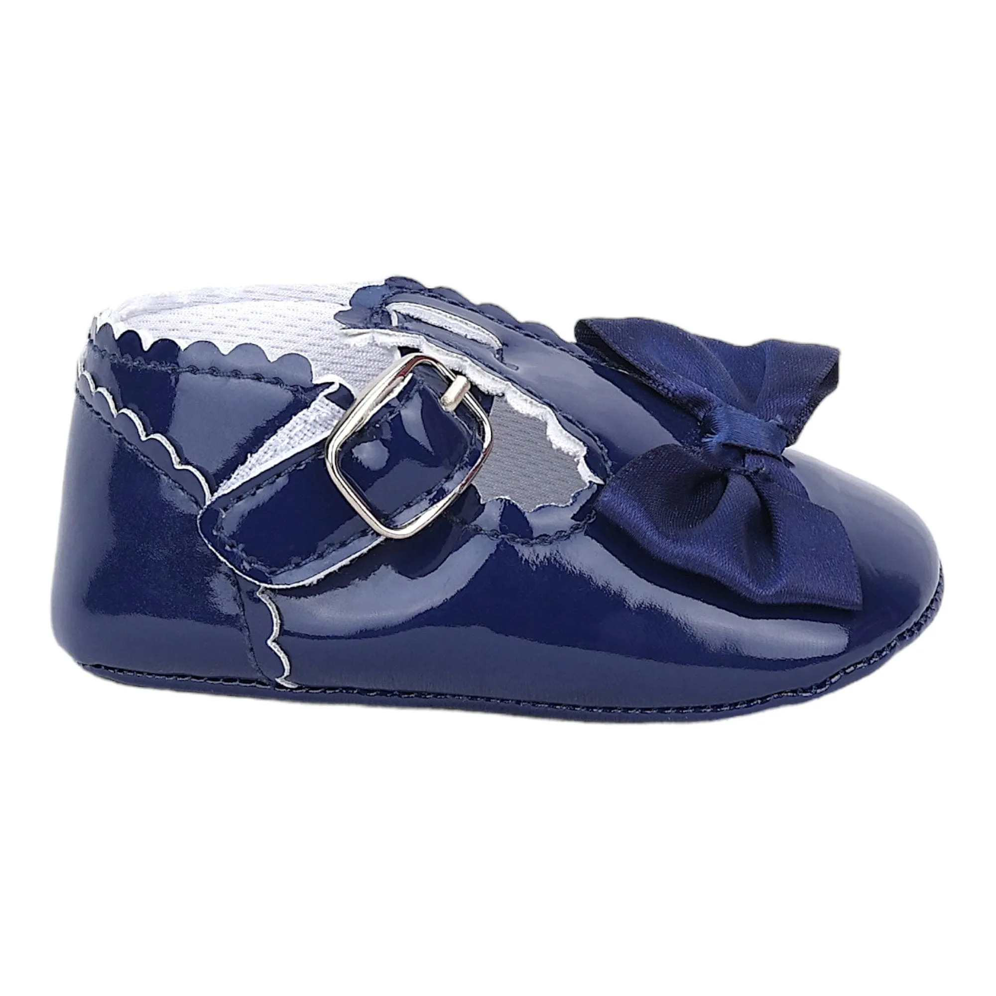 Baby Moo Mary Jane Bow Patent Leather Anti-Skid Ballerina Booties - Blue