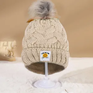 Baby Moo Pom Pom Knitted Woollen Cap - Cream