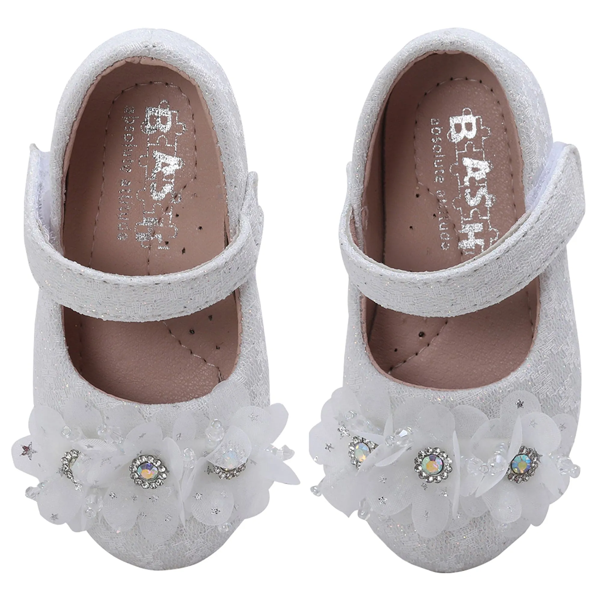 Baby Moo Rhinestone Floral Applique Lace Mary Jane Velcro Strap Anti-Skid Ballerina Shoes - White