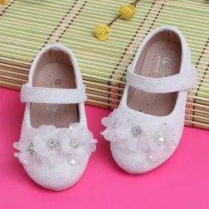 Baby Moo Rhinestone Floral Applique Lace Mary Jane Velcro Strap Anti-Skid Ballerina Shoes - White