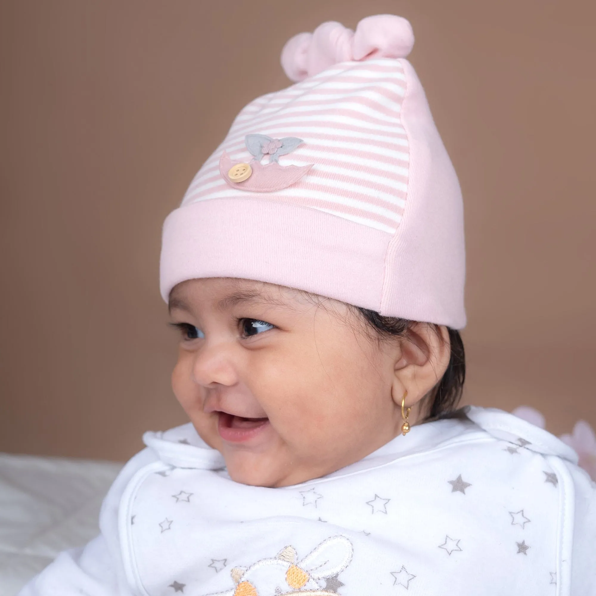 Baby Moo Striped All Season Stretchable Hosiery Warm 3D Beanie Cap - Pink