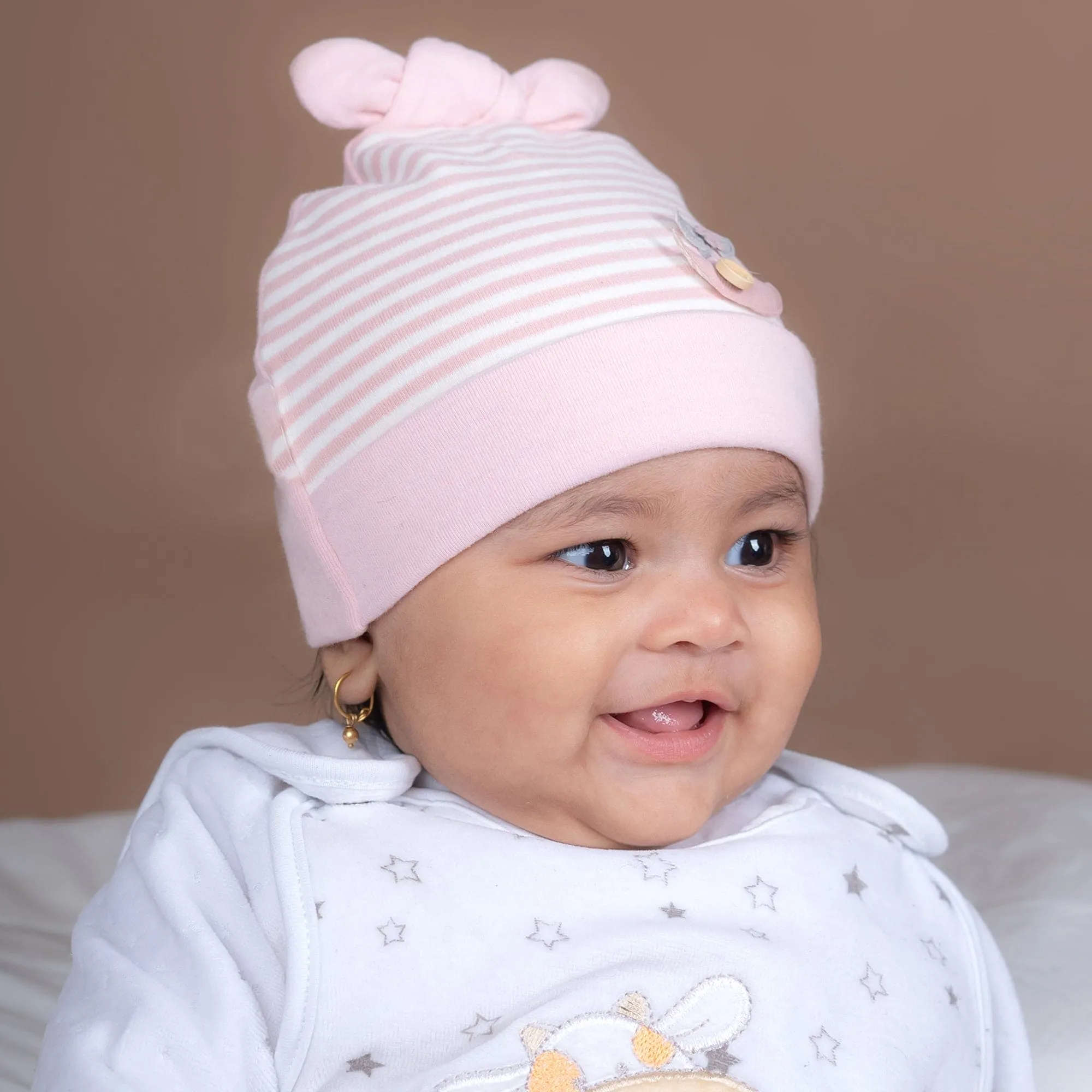 Baby Moo Striped All Season Stretchable Hosiery Warm 3D Beanie Cap - Pink