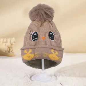 Baby Moo Tweety Eyes Pom Pom Woollen Cap - Beige