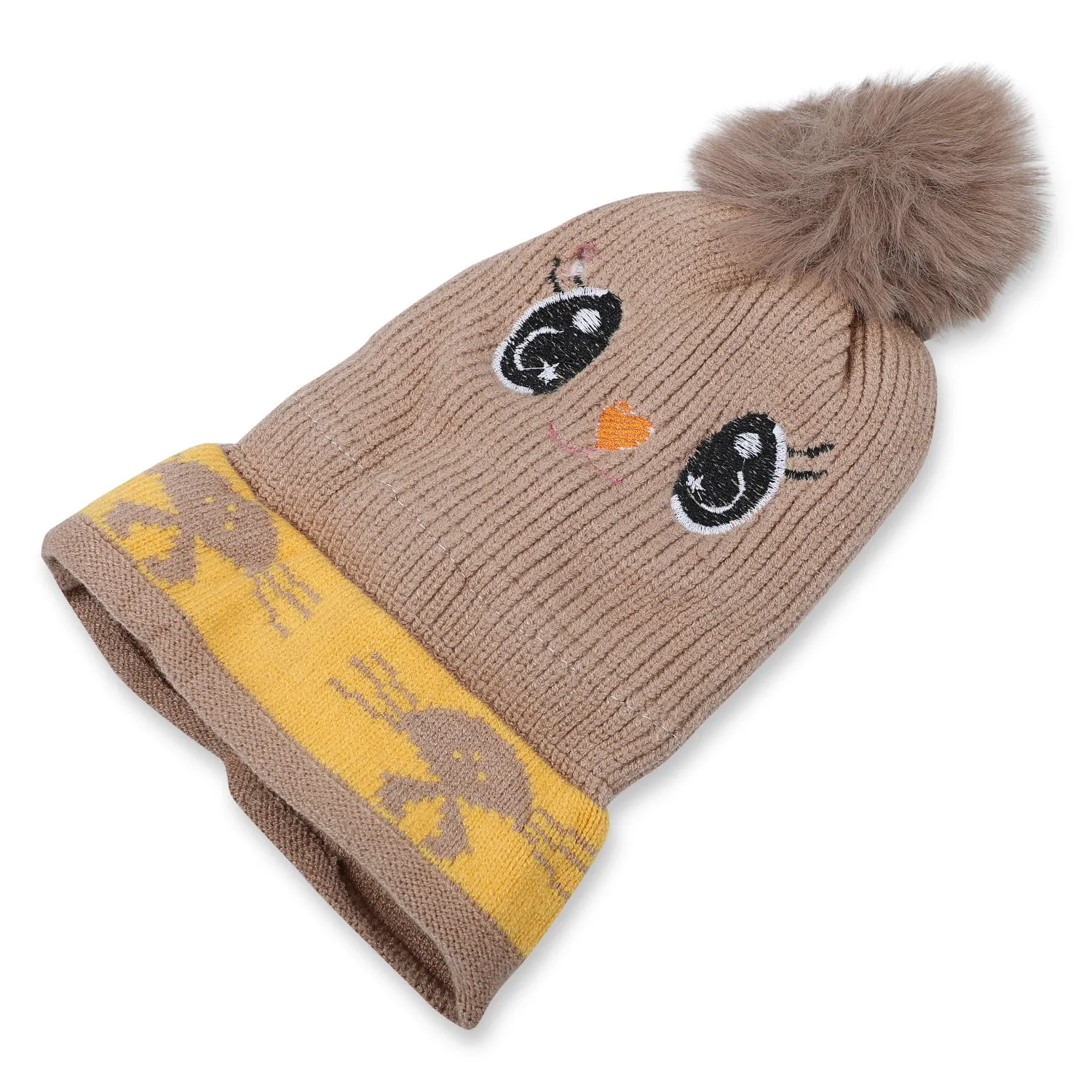 Baby Moo Tweety Eyes Pom Pom Woollen Cap - Beige