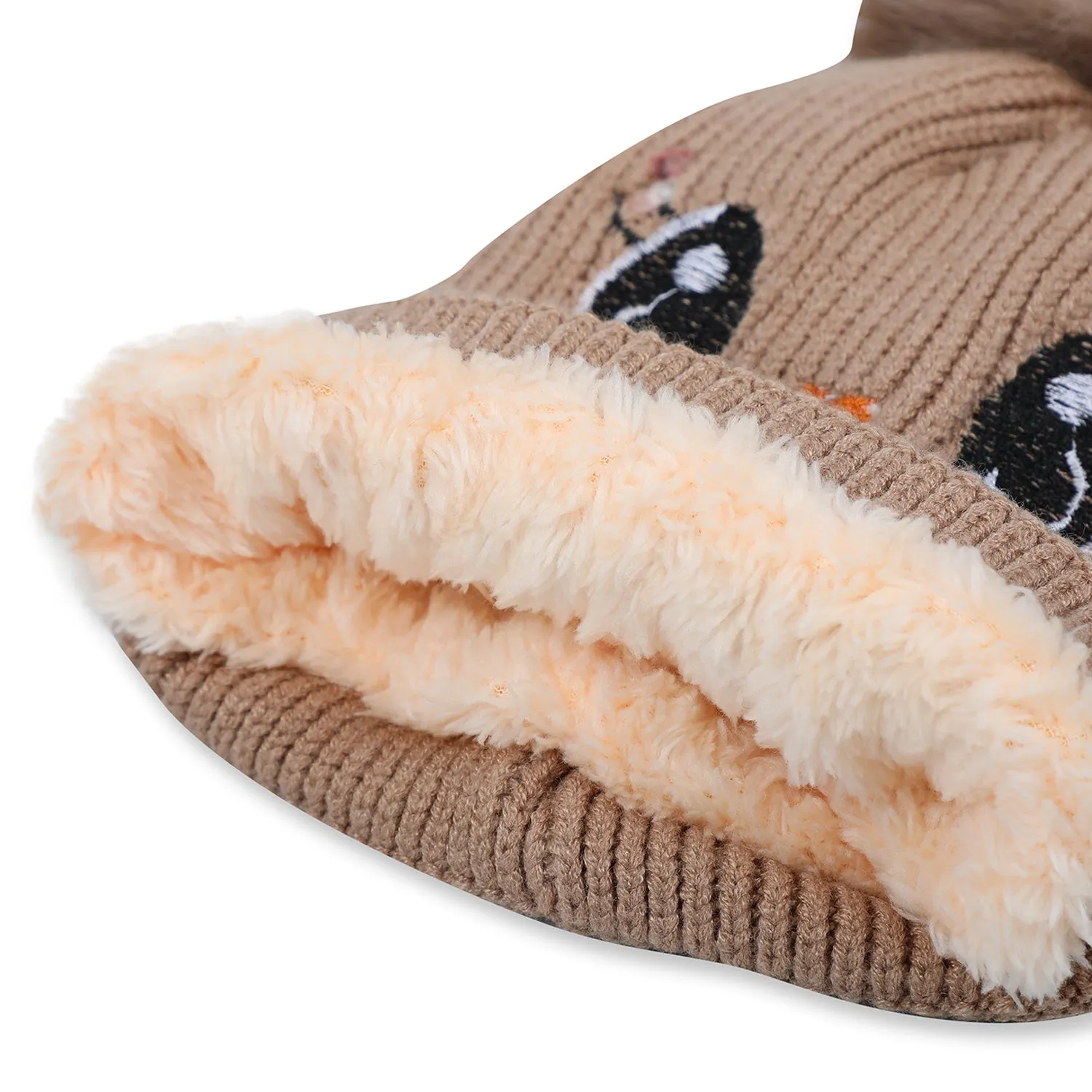 Baby Moo Tweety Eyes Pom Pom Woollen Cap - Beige