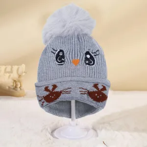 Baby Moo Tweety Eyes Pom Pom Woollen Cap - Grey