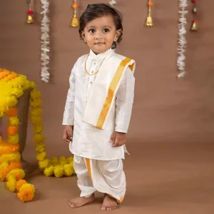 Baby Moo x Kurta Co. Traditional Dhoti Khandwa Kurta Set | Soft Banaras Silk With Gold Border | Premium Plastic Gift Box 6pcs - Cream