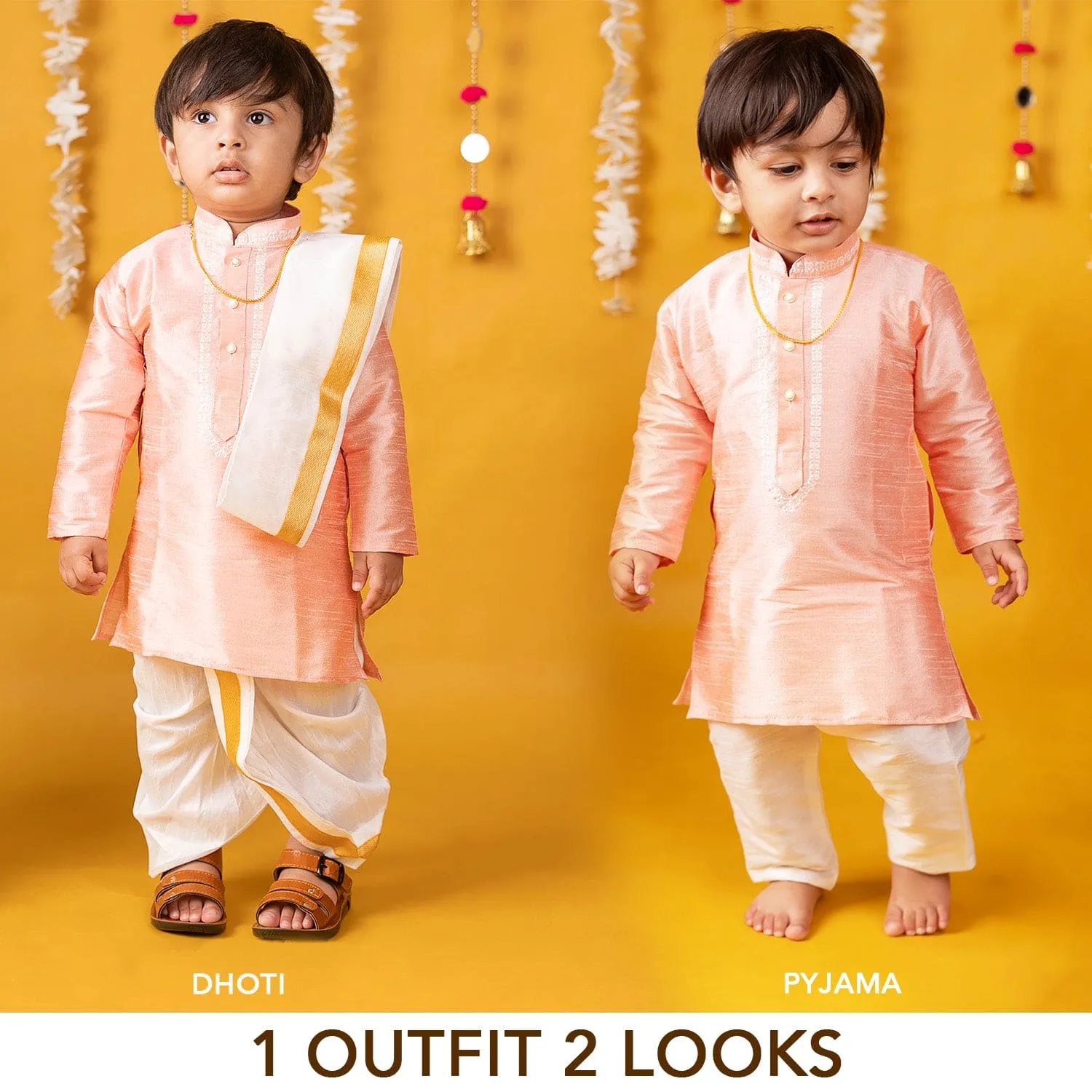 Baby Moo x Kurta Co. Traditional Dhoti Khandwa Kurta Set | Soft Banaras Silk With Gold Border | Premium Plastic Gift Box 6pcs - Peach