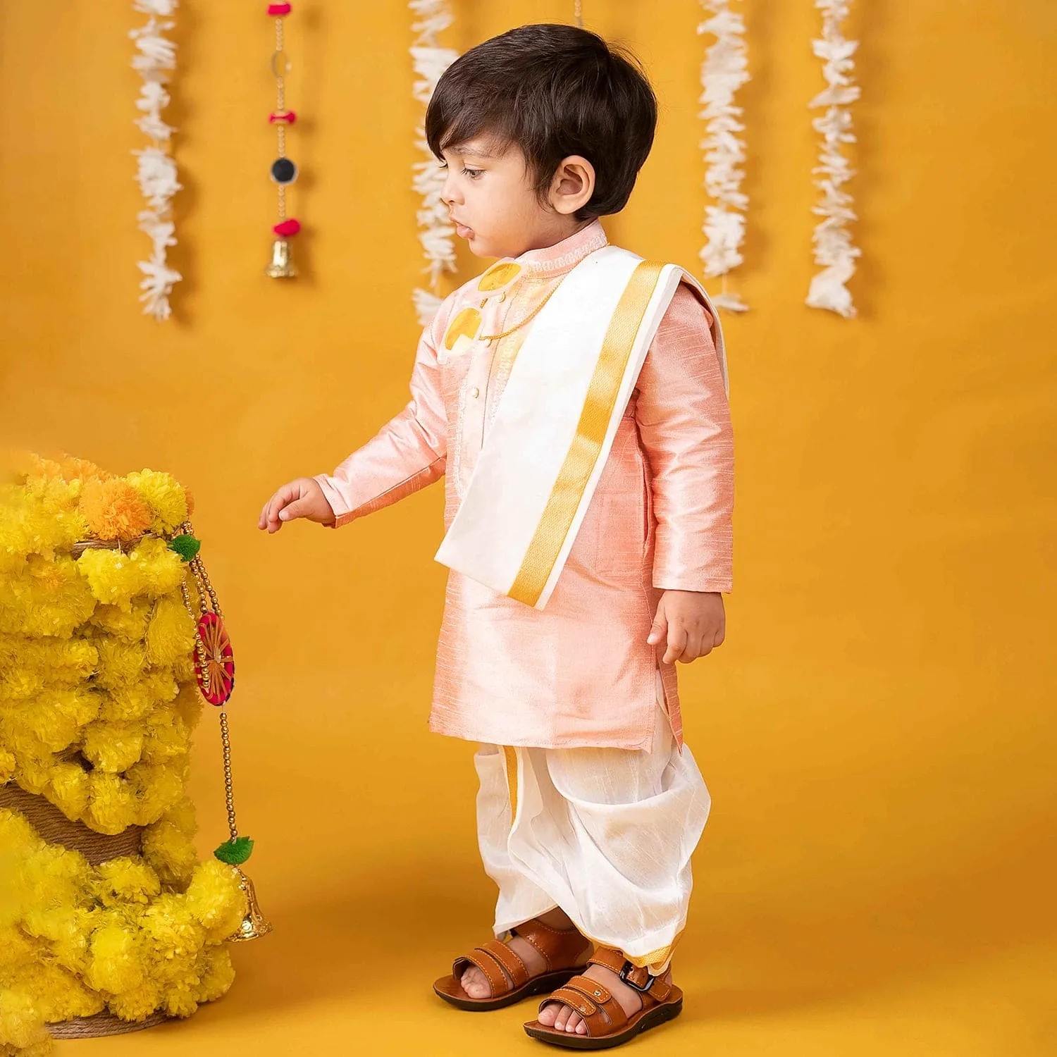 Baby Moo x Kurta Co. Traditional Dhoti Khandwa Kurta Set | Soft Banaras Silk With Gold Border | Premium Plastic Gift Box 6pcs - Peach