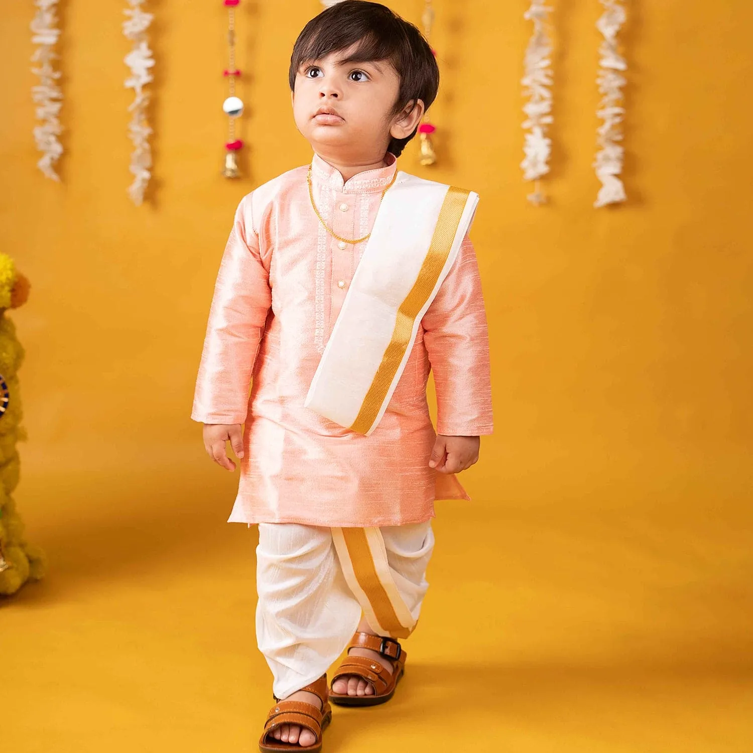 Baby Moo x Kurta Co. Traditional Dhoti Khandwa Kurta Set | Soft Banaras Silk With Gold Border | Premium Plastic Gift Box 6pcs - Peach