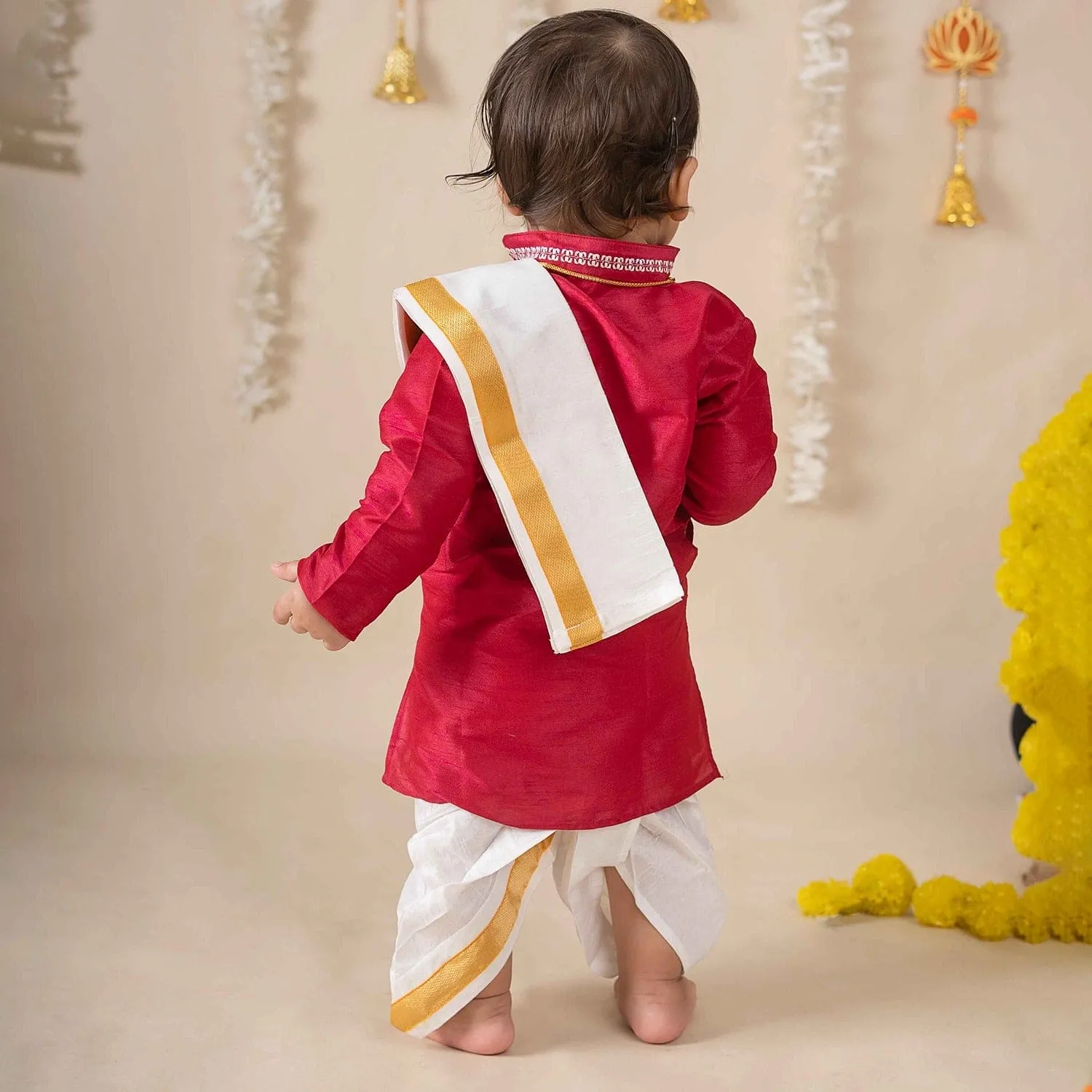 Baby Moo x Kurta Co. Traditional Dhoti Khandwa Kurta Set | Soft Banaras Silk With Gold Border | Premium Plastic Gift Box 6pcs - Red