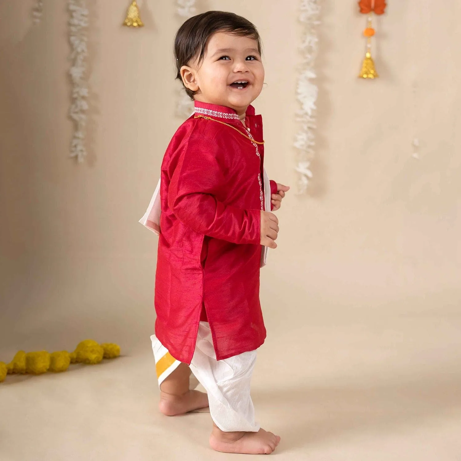 Baby Moo x Kurta Co. Traditional Dhoti Khandwa Kurta Set | Soft Banaras Silk With Gold Border | Premium Plastic Gift Box 6pcs - Red