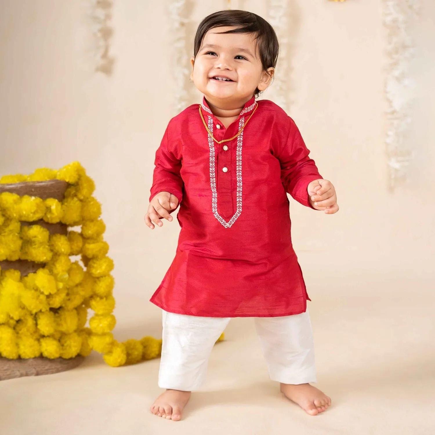 Baby Moo x Kurta Co. Traditional Dhoti Khandwa Kurta Set | Soft Banaras Silk With Gold Border | Premium Plastic Gift Box 6pcs - Red